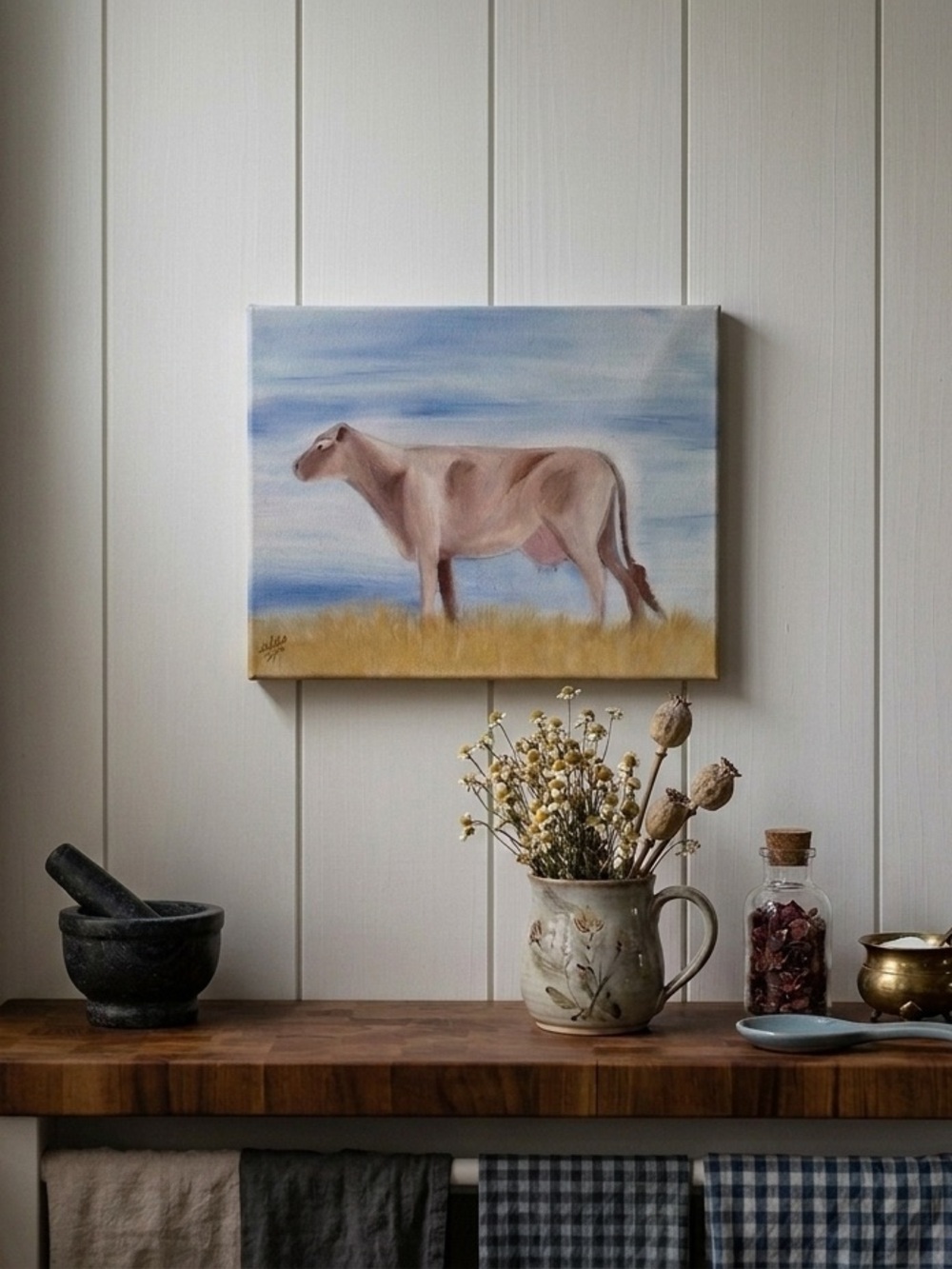 Hand-Painted Brown Cow Raw Canvas Art Charming Farmhouse - Picture 7 of 7